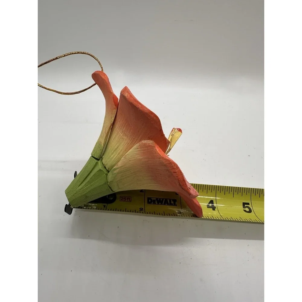 Glitter Amaryllis‎ Flower Hanging Ornament Red Green Hand Painted Wood 5